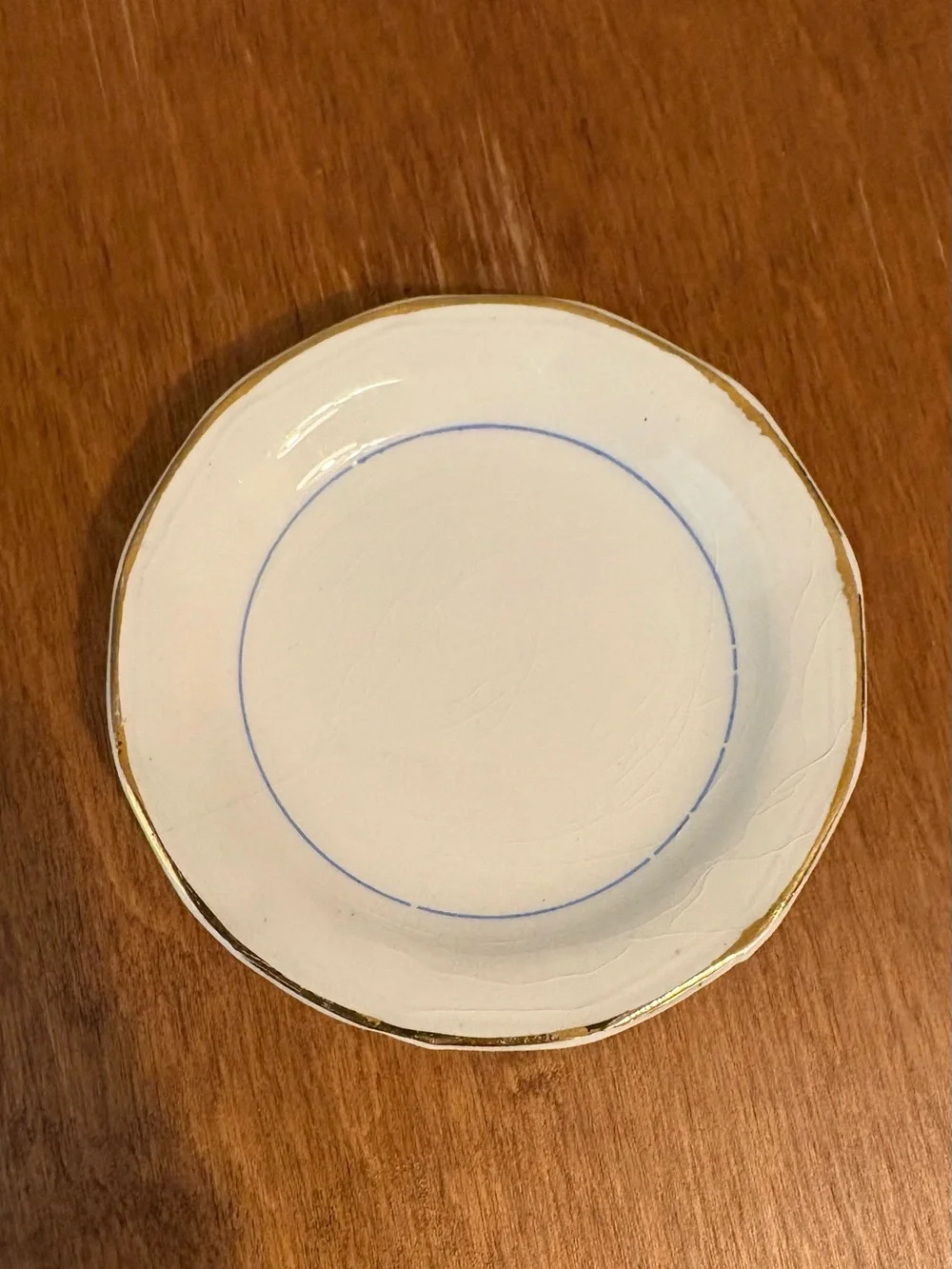 Butter Pat With Crazing Blue line and Gold Rim